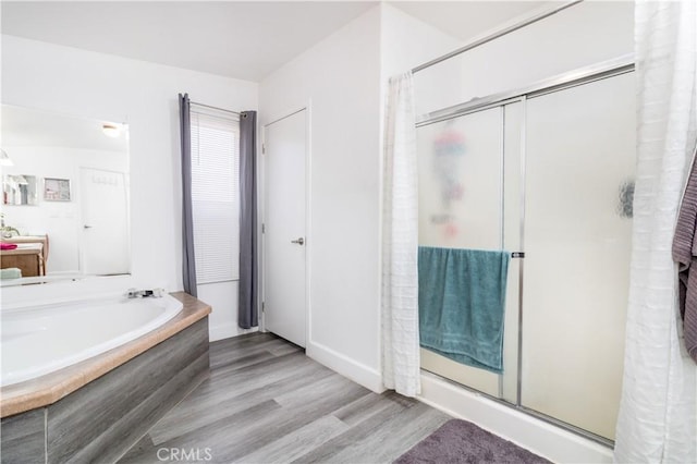 51490 Forest Boundry Rd, Anza, CA 92539 - bathroom with hardwood / wood-style flooring and separate shower and tub