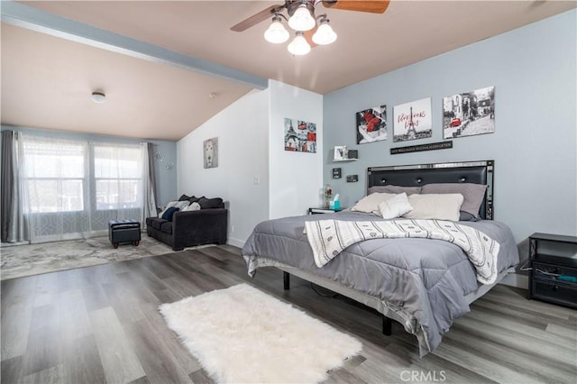 51490 Forest Boundry Rd, Anza, CA 92539 - bedroom featuring ceiling fan, hardwood / wood-style floors, and vaulted ceiling with beams