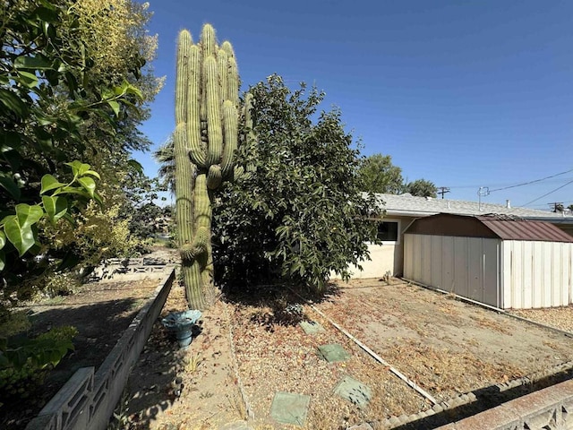 view of yard featuring a storage unit