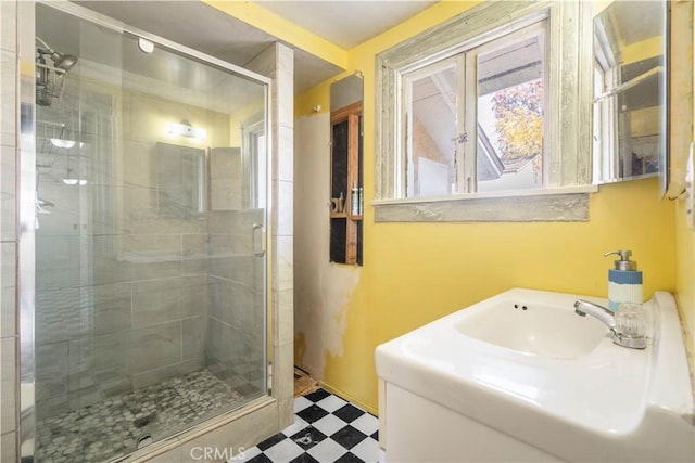 bathroom featuring a shower with shower door and sink