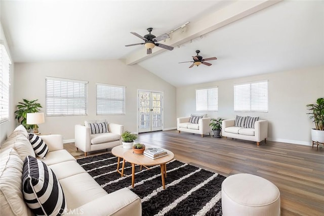 living room with ceiling fan, lofted ceiling with beams, and hardwood / wood-style floors