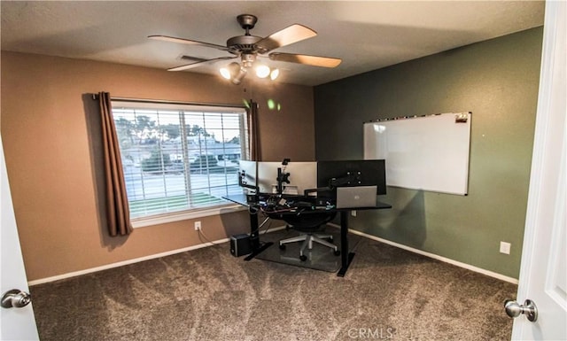 office with baseboards, carpet, and ceiling fan