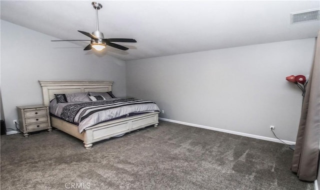 carpeted bedroom with a ceiling fan, lofted ceiling, baseboards, and visible vents