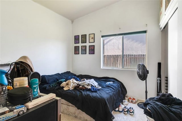 bedroom with lofted ceiling and carpet floors