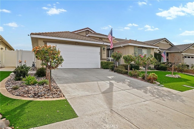 ranch-style home with a front lawn and a garage