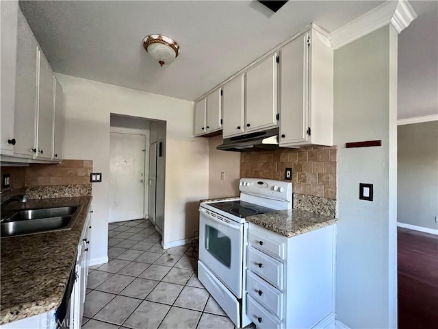 kitchen with white cabinetry, white electric stove, backsplash, and sink