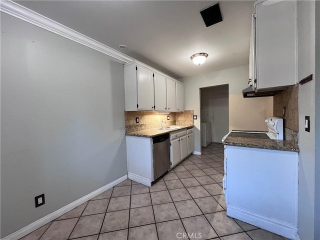 kitchen with light tile patterned floors, white cabinetry, decorative backsplash, dishwasher, and crown molding