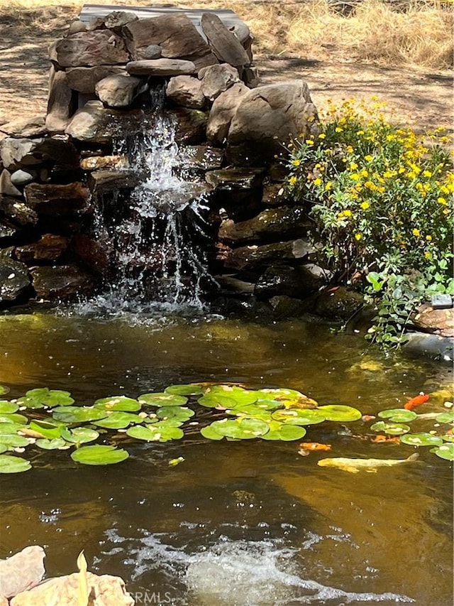 exterior details featuring a small pond