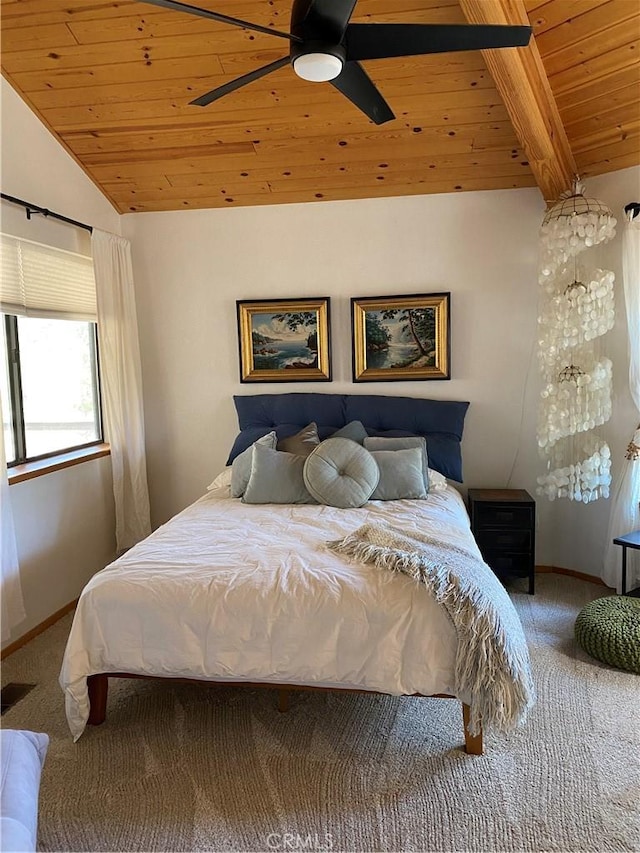 carpeted bedroom with ceiling fan, lofted ceiling with beams, and wood ceiling