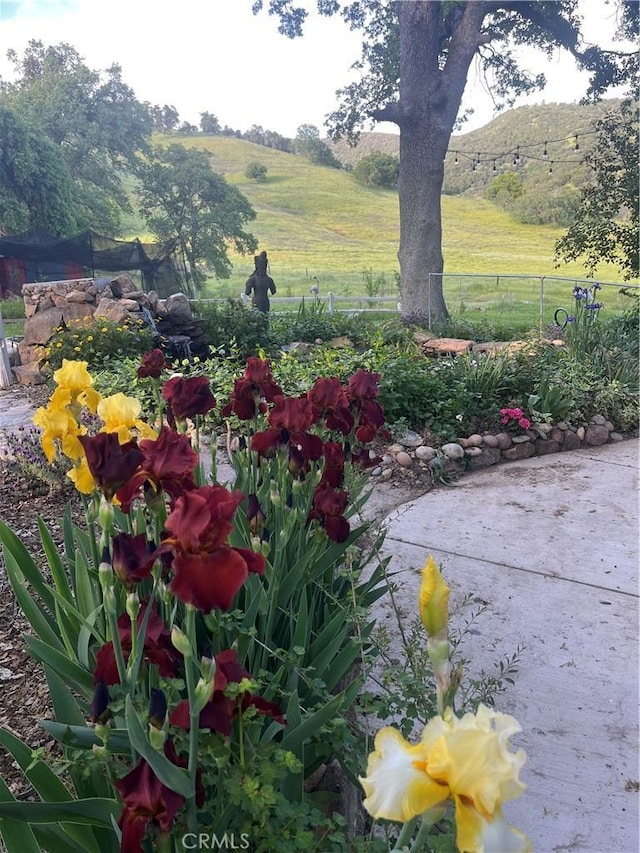 view of yard with a mountain view and fence