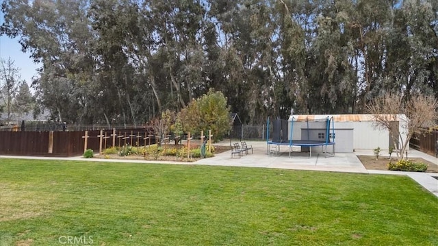 view of yard featuring a storage shed and a trampoline