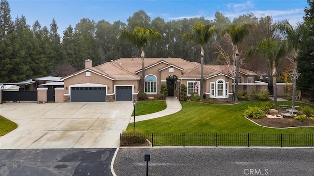 ranch-style home with a front lawn and a garage