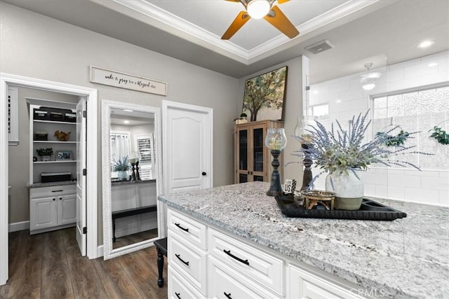 kitchen featuring ceiling fan, dark hardwood / wood-style flooring, light stone counters, and white cabinetry