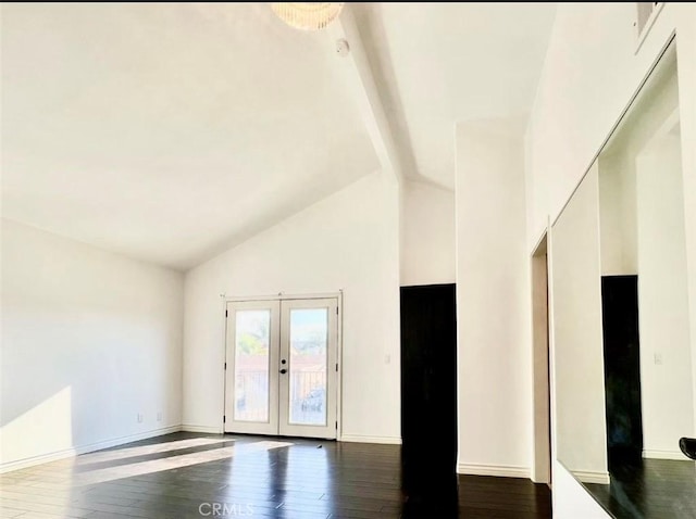 empty room featuring french doors, high vaulted ceiling, dark wood-type flooring, and beamed ceiling