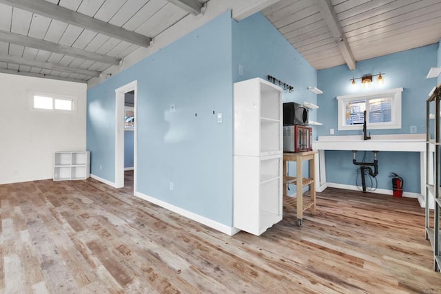 empty room with vaulted ceiling with beams, wood ceiling, and light wood-type flooring