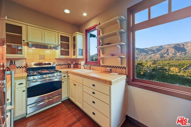 kitchen with a mountain view, tile counters, plenty of natural light, gas range, and sink