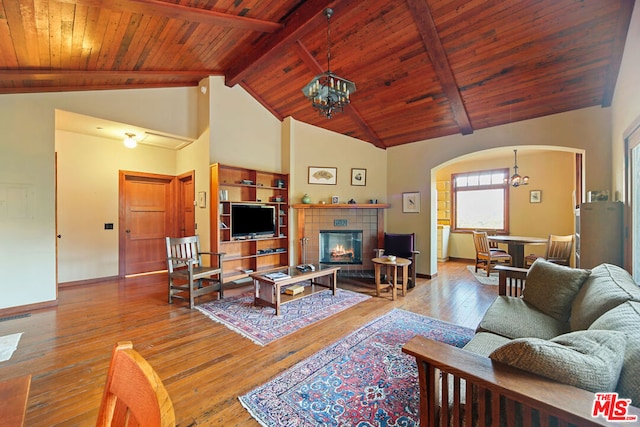 living room with a tiled fireplace, wood ceiling, an inviting chandelier, and hardwood / wood-style flooring