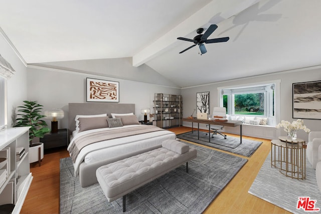 bedroom with ceiling fan, hardwood / wood-style floors, and vaulted ceiling with beams