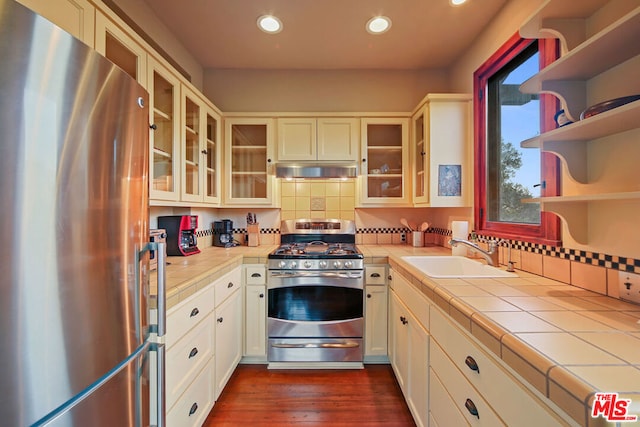 kitchen with tile countertops, appliances with stainless steel finishes, backsplash, dark hardwood / wood-style flooring, and sink