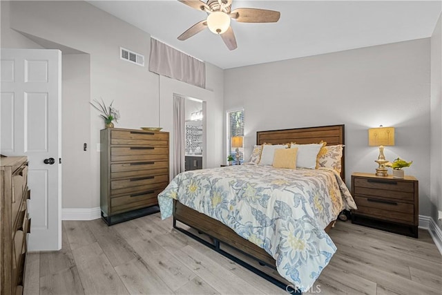 bedroom with ceiling fan and light hardwood / wood-style floors