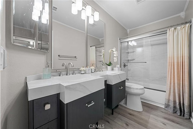 full bathroom with toilet, vanity, hardwood / wood-style flooring, ornamental molding, and shower / tub combo with curtain