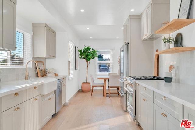 kitchen featuring backsplash, sink, light wood-type flooring, stainless steel appliances, and white cabinets