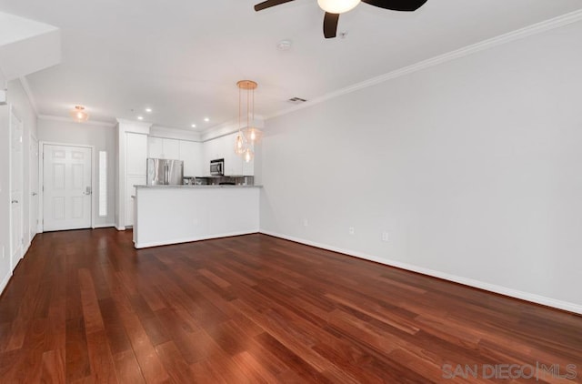 unfurnished living room with ceiling fan, dark hardwood / wood-style floors, and crown molding