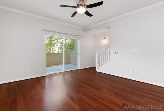 unfurnished room with ceiling fan, crown molding, and hardwood / wood-style floors