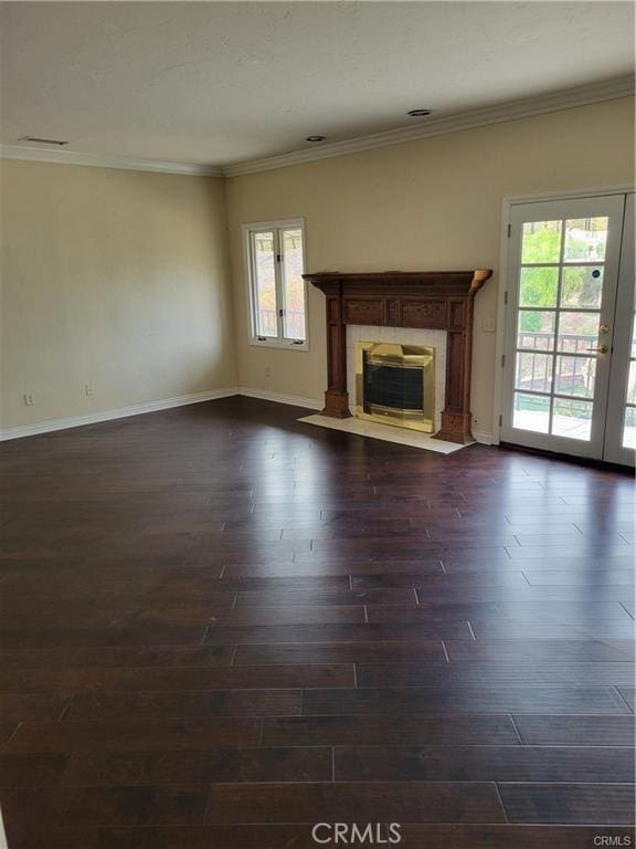 6966 Ranch View Rd, Riverside, CA 92506 - unfurnished living room featuring dark wood-style floors, a premium fireplace, and crown molding