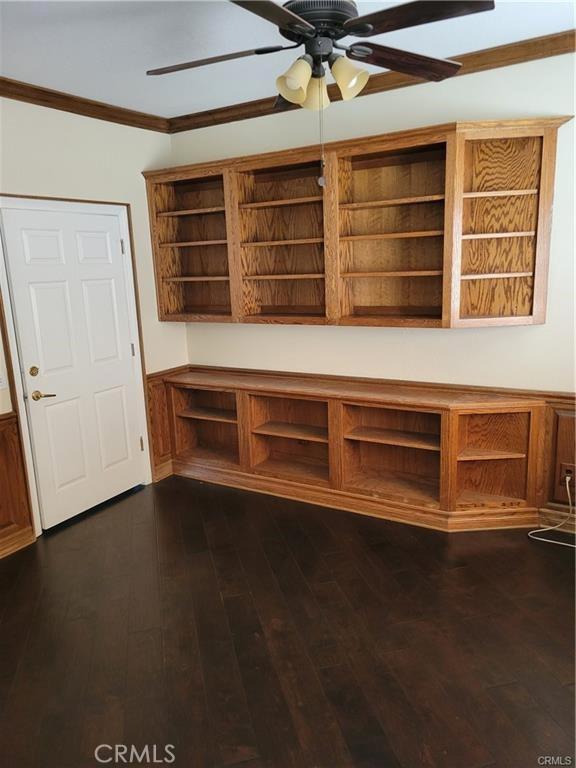 6966 Ranch View Rd, Riverside, CA 92506 - mudroom featuring crown molding, ceiling fan, and dark wood-style floors