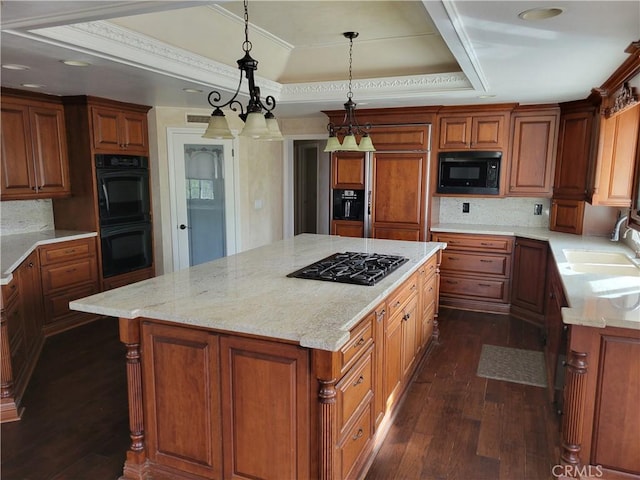 6966 Ranch View Rd, Riverside, CA 92506 - kitchen with black appliances, dark wood-style flooring, a raised ceiling, backsplash, and light stone counters