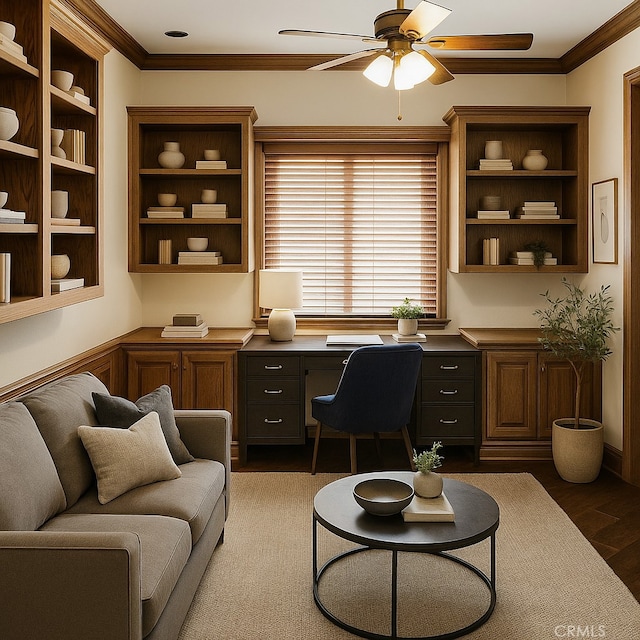 6966 Ranch View Rd, Riverside, CA 92506 - office space featuring ceiling fan, built in study area, and crown molding