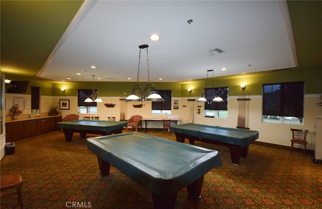 playroom with pool table and dark carpet