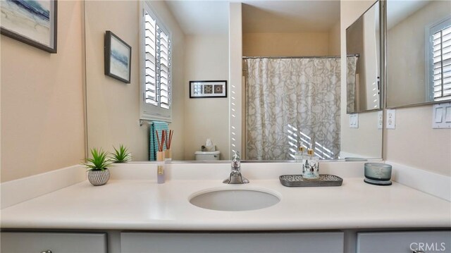 bathroom with toilet, vanity, and a wealth of natural light