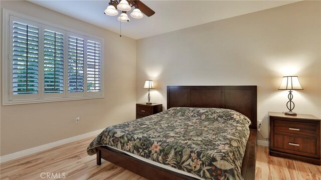 bedroom featuring ceiling fan and light hardwood / wood-style flooring