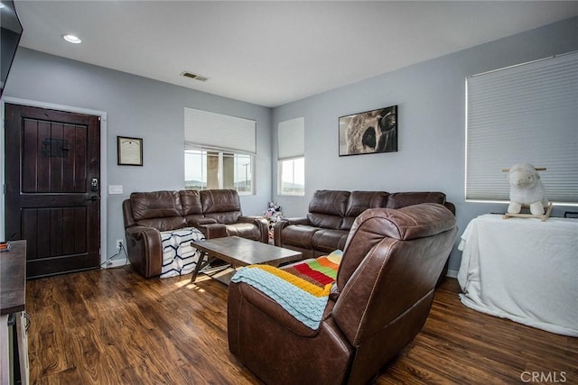 living room featuring dark wood-type flooring