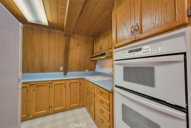 kitchen featuring wooden ceiling, white appliances, and decorative backsplash