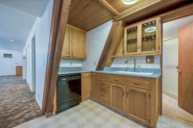 kitchen featuring dishwasher, wood ceiling, light carpet, sink, and backsplash