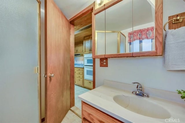 bathroom with a shower with door and vanity