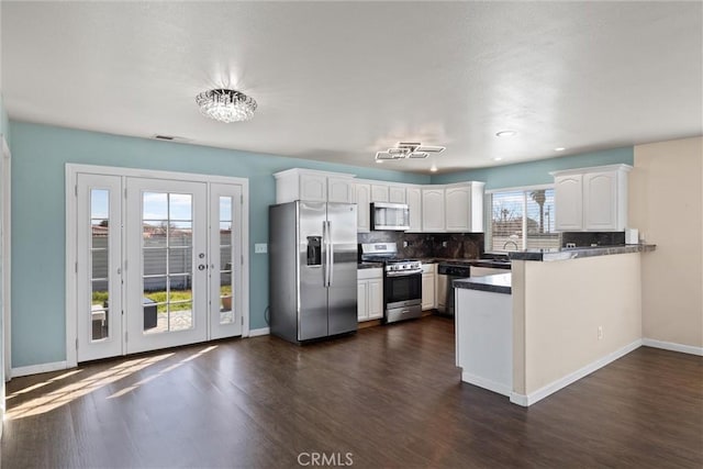 kitchen featuring white cabinets, dark wood-style flooring, a peninsula, stainless steel appliances, and backsplash