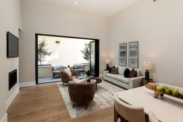 living room featuring light hardwood / wood-style floors and a towering ceiling