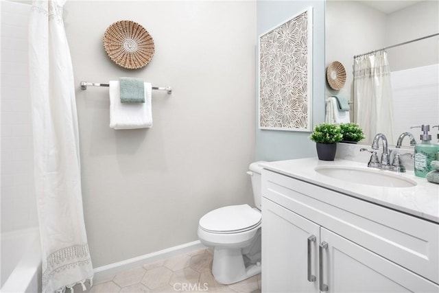 full bathroom with toilet, tile patterned flooring, vanity, and shower / bath combo with shower curtain