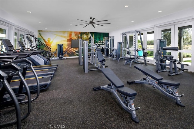 gym featuring ceiling fan and french doors