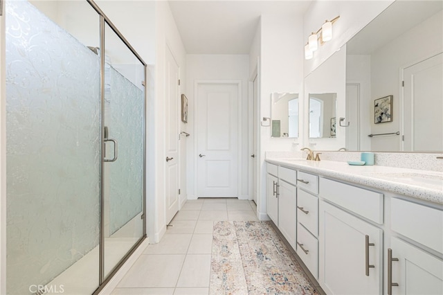 bathroom with tile patterned floors, a shower with shower door, and vanity