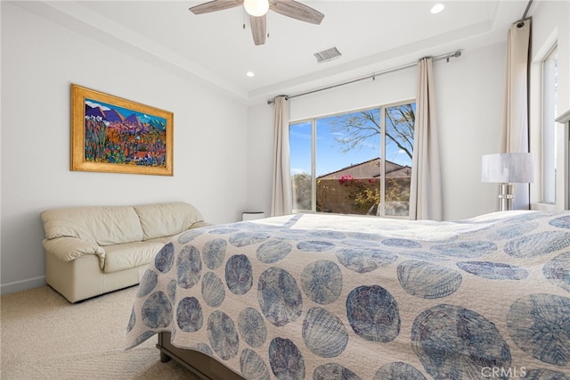 bedroom featuring ceiling fan and carpet floors