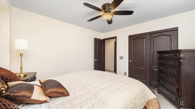 bedroom with ceiling fan and a closet