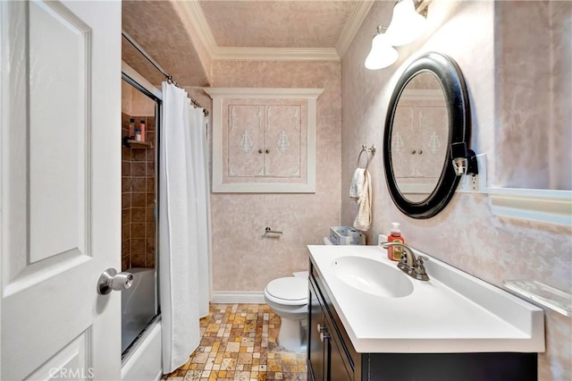 full bathroom featuring toilet, vanity, ornamental molding, and shower / tub combo with curtain