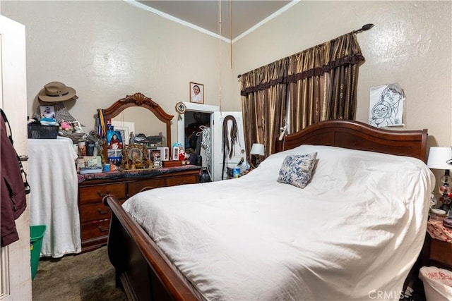 carpeted bedroom with ornamental molding