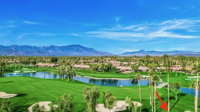 view of property's community featuring a yard and a water and mountain view