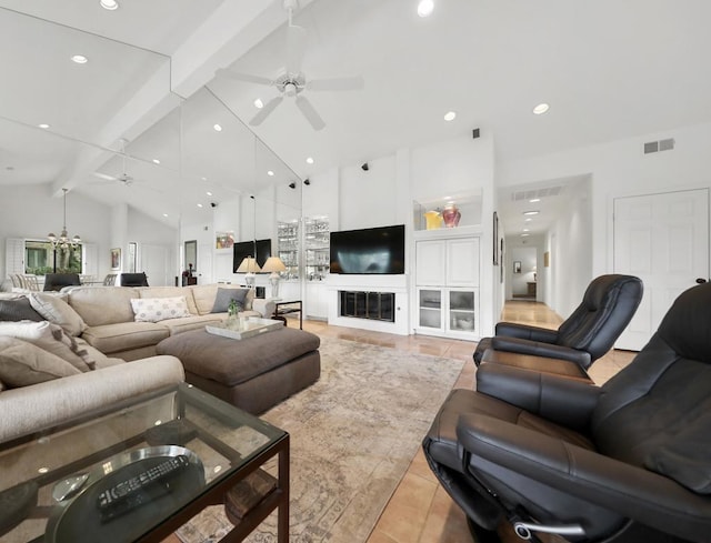 tiled living room with beam ceiling, high vaulted ceiling, and ceiling fan